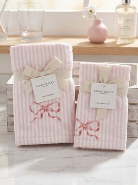 🎀 Laura Ashley Curtsey Bows Pink Bathroom Towel Set- 2 hand / 2 tip coquette NWT